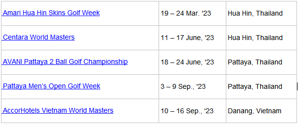 Table of upcoming golf tournaments in Thailand